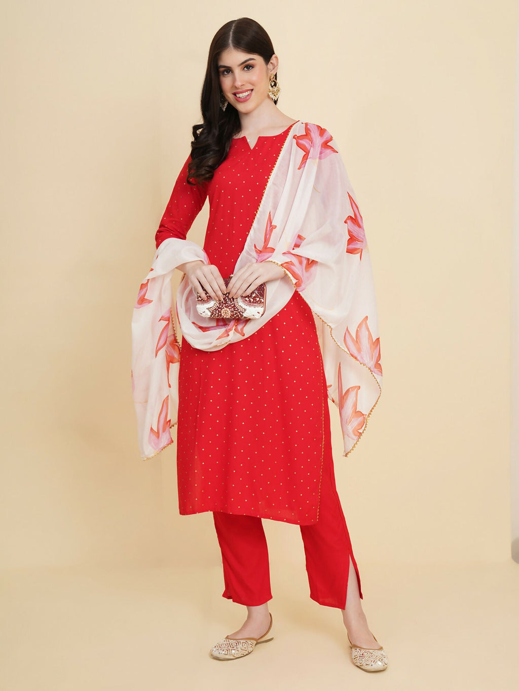 Designer Stylish Red rayon Stitched Suit With Dupatta - Tanisha