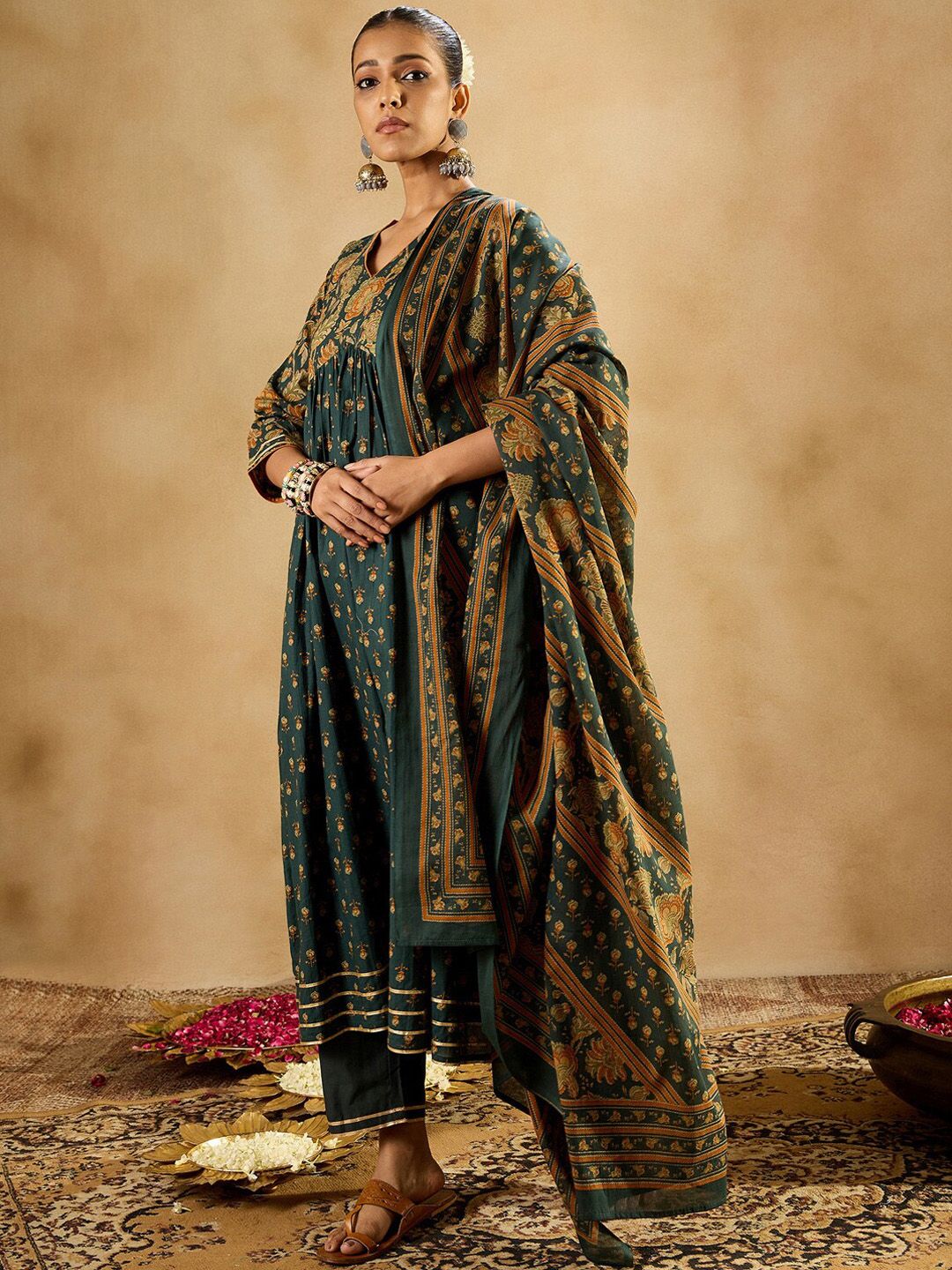Indo Era Floral Printed Empire Pure Cotton A-Line Kurta With Trousers & Dupatta