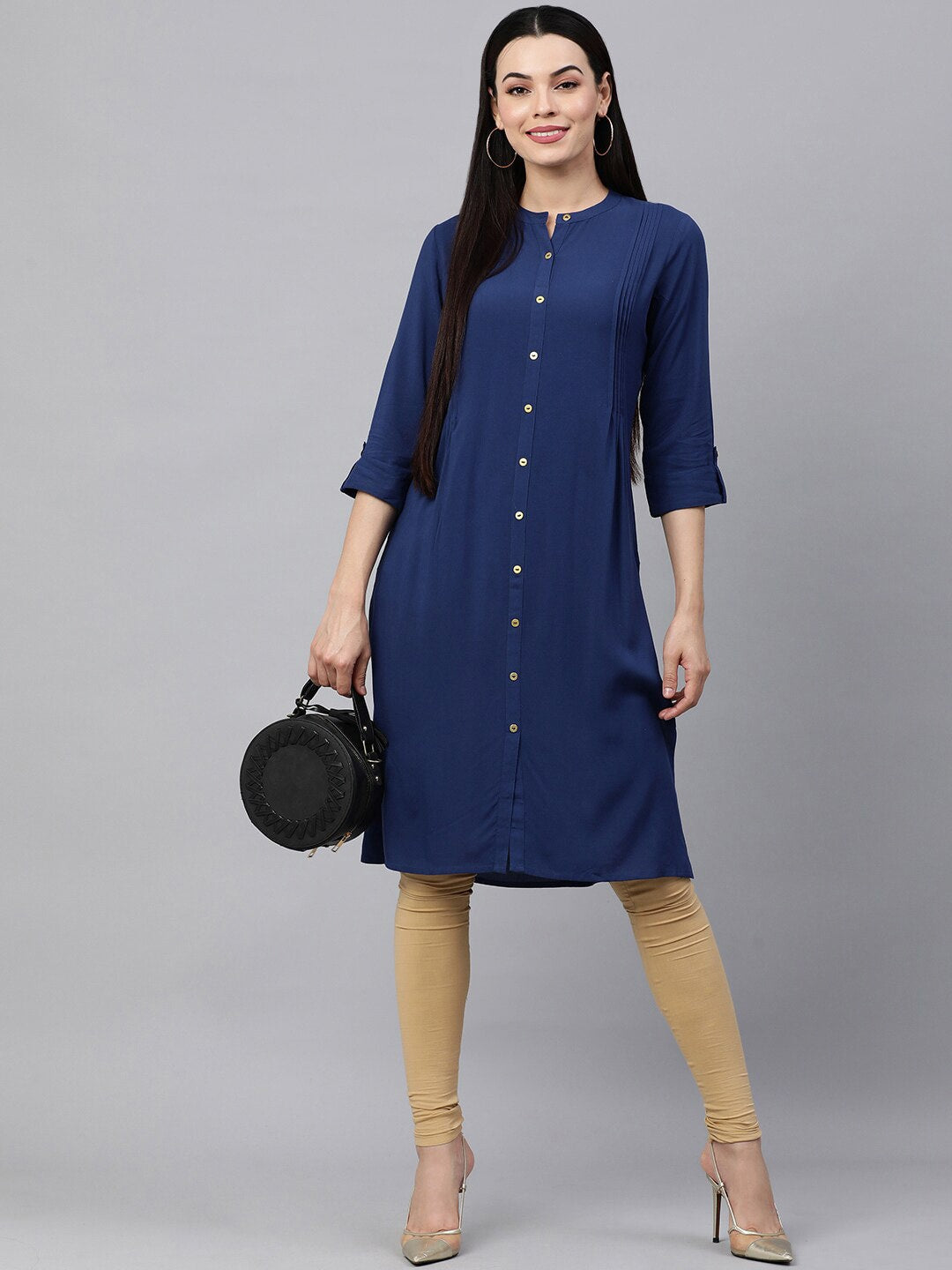 HERE&NOW Band Collar Roll UP Sleeves Knee Length Kurta