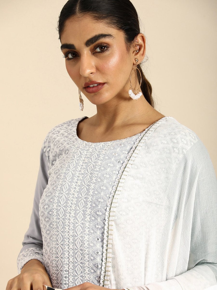 All About You Women Embroidered Chikankari Kurta With Trousers & With Dupatta