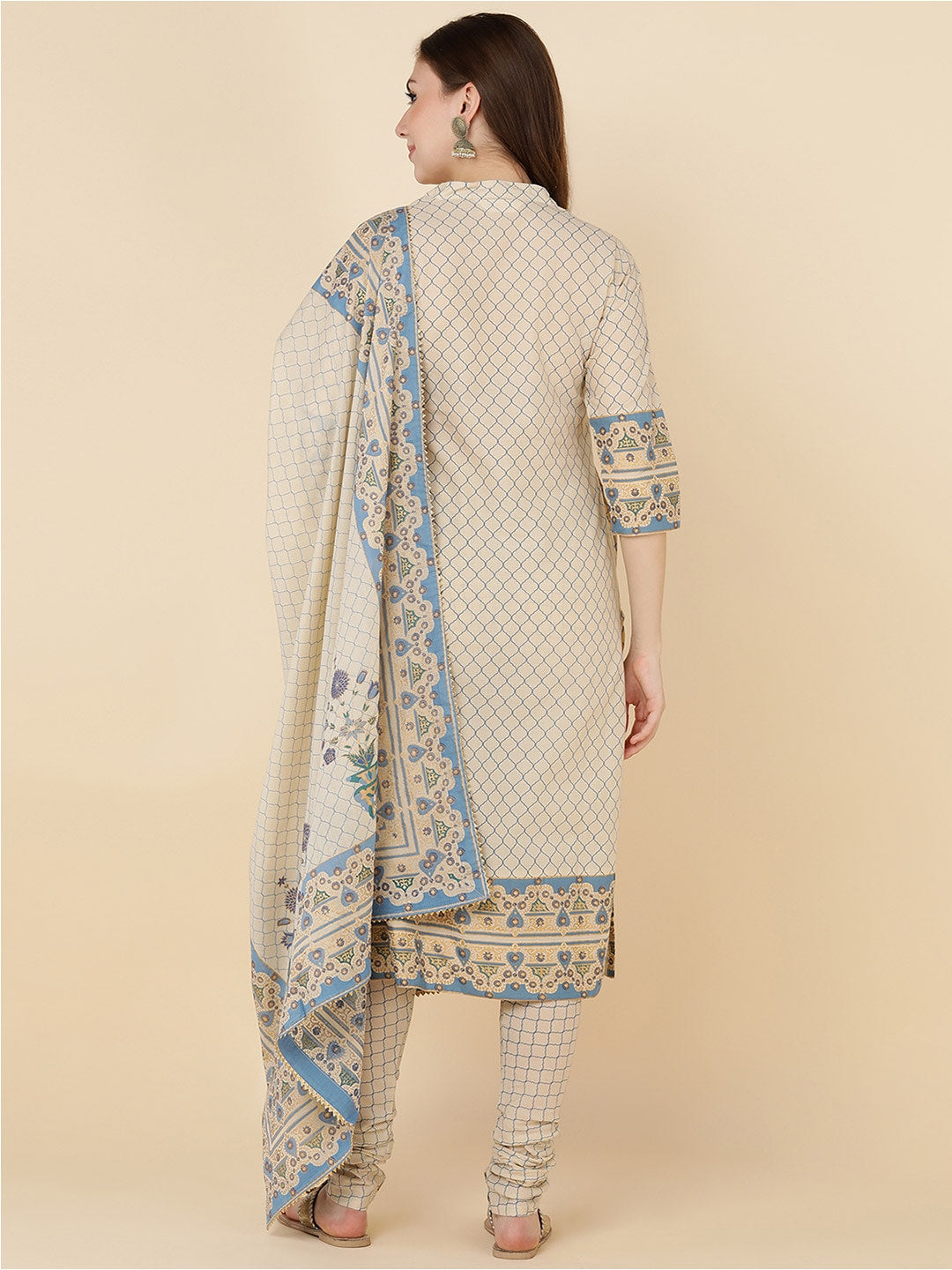 HERE&NOW Women Beige Printed Pure Cotton Kurta with Churidar & With Dupatta