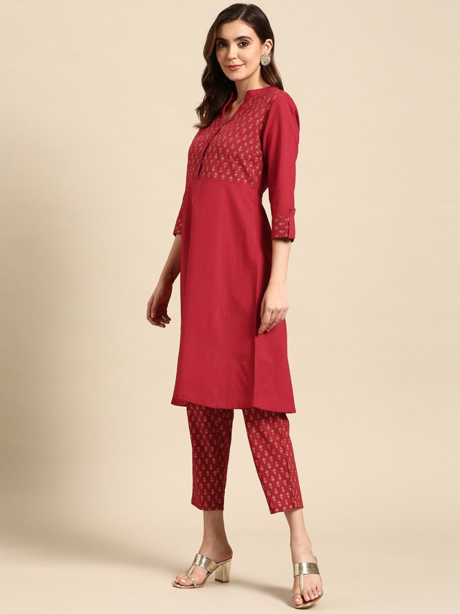 All About You Women Motifs Yoke Design A-Line Kurta with Trousers