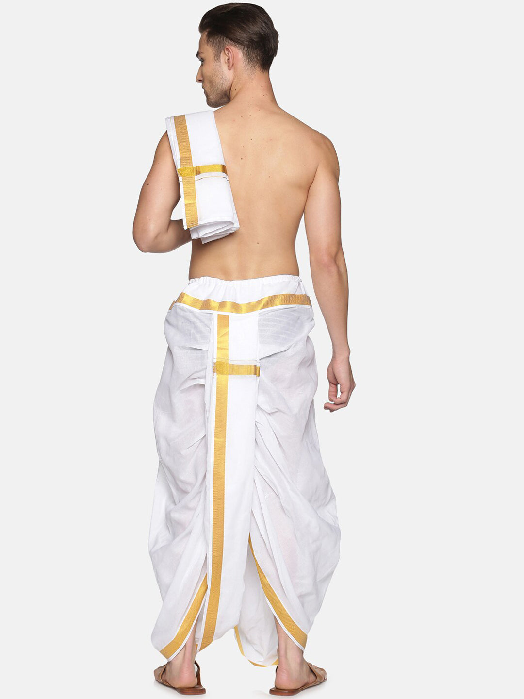 Sethukrishna Men White & Gold-Toned Solid Ready Made Dhoti Pants