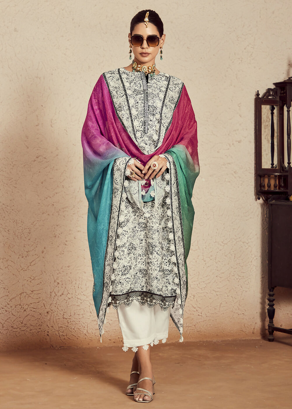 Off White Muslin Cotton Digital Print & Embroidered Salwar Suit - Emponline