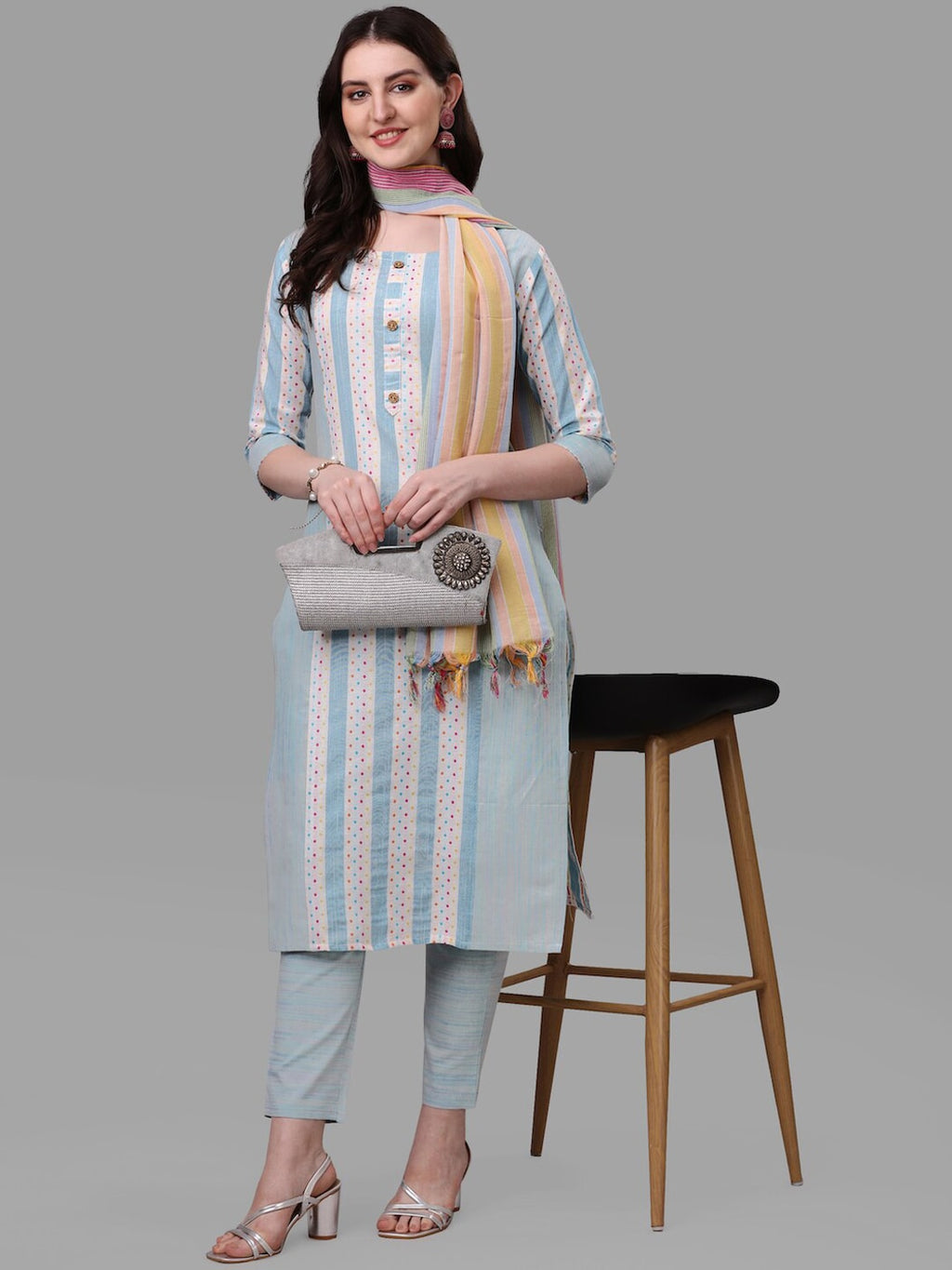 HERE&NOW Turquoise Blue Striped Regular Pure Cotton Kurta with Trousers & With Dupatta