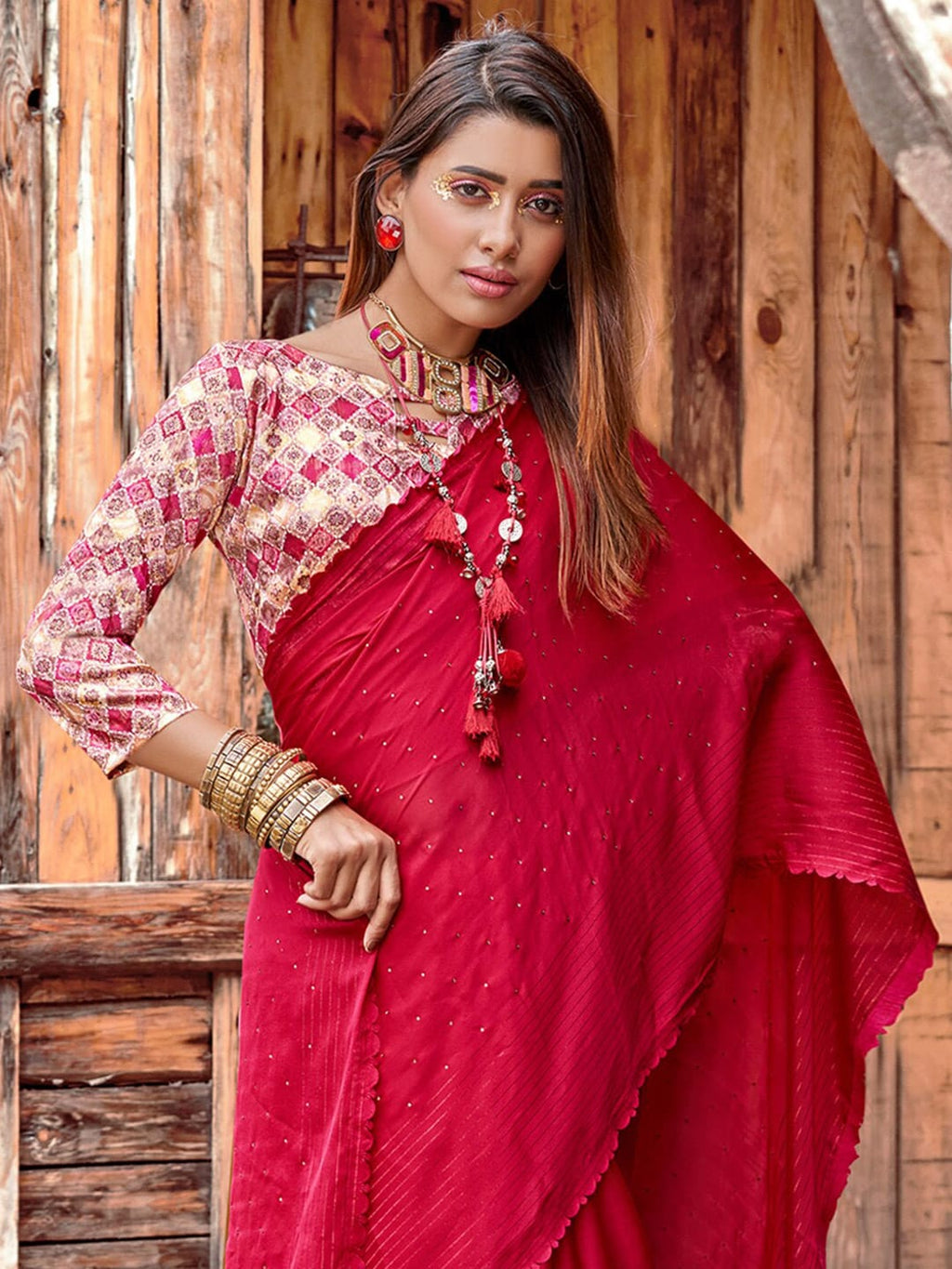 Saree Mall Pink Embellished Beads and Stones Pure Chiffon Sarees