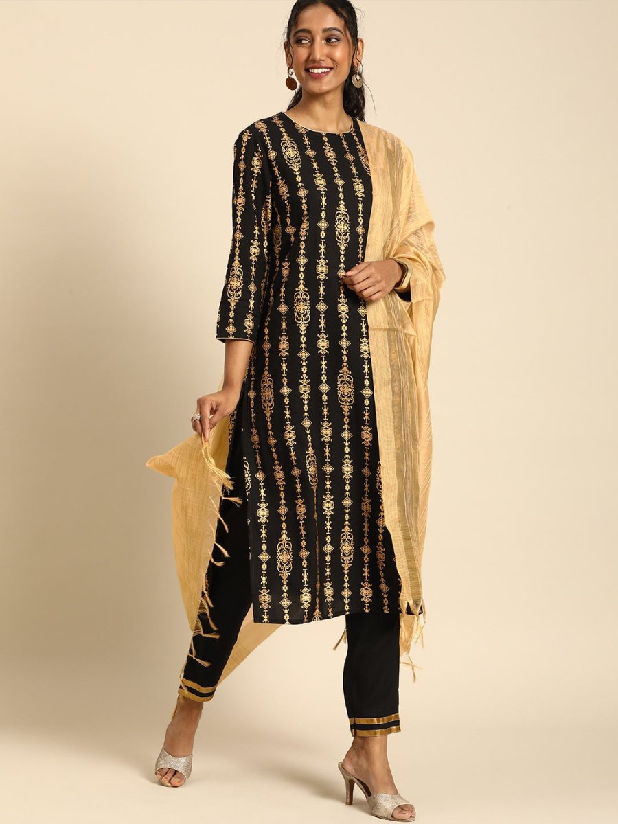 All About You Women Black Ethnic Motifs Printed Regular Kurta with Trousers & With Dupatta