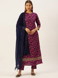 HERE&NOW Women Pink & Navy Blue Printed Pure Cotton Kurta with Trousers & With Dupatta