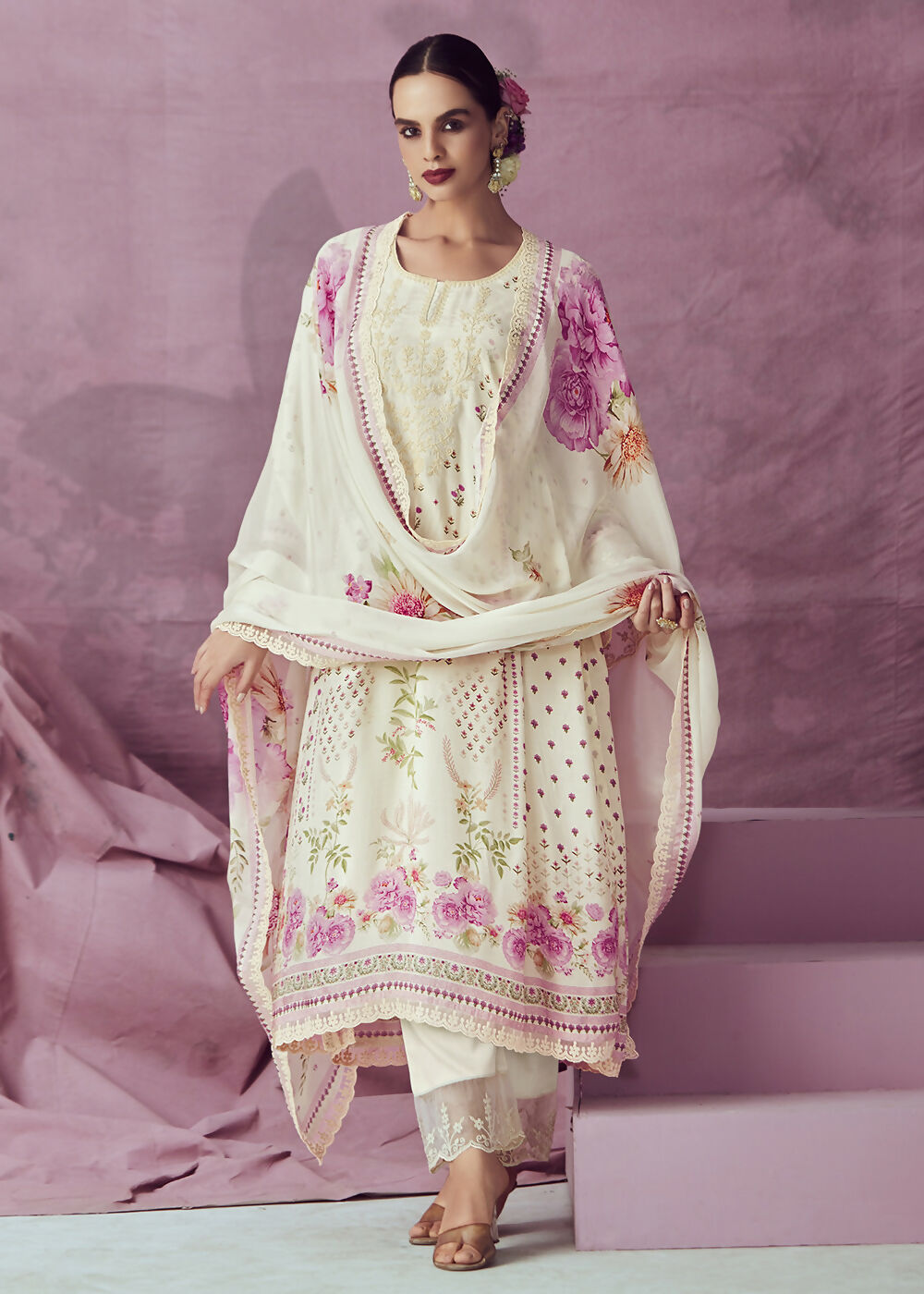 Ivory & Pink Muslin Cotton Printed Trendy Salwar Kurta Set - Emponline