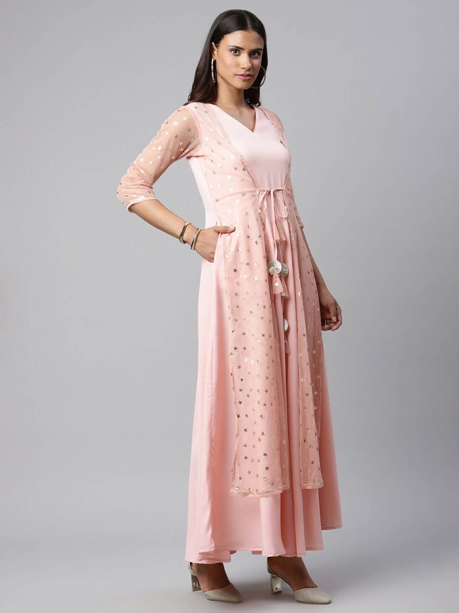 Ahalyaa Women Pink Crepe & Net Foil Print Dress