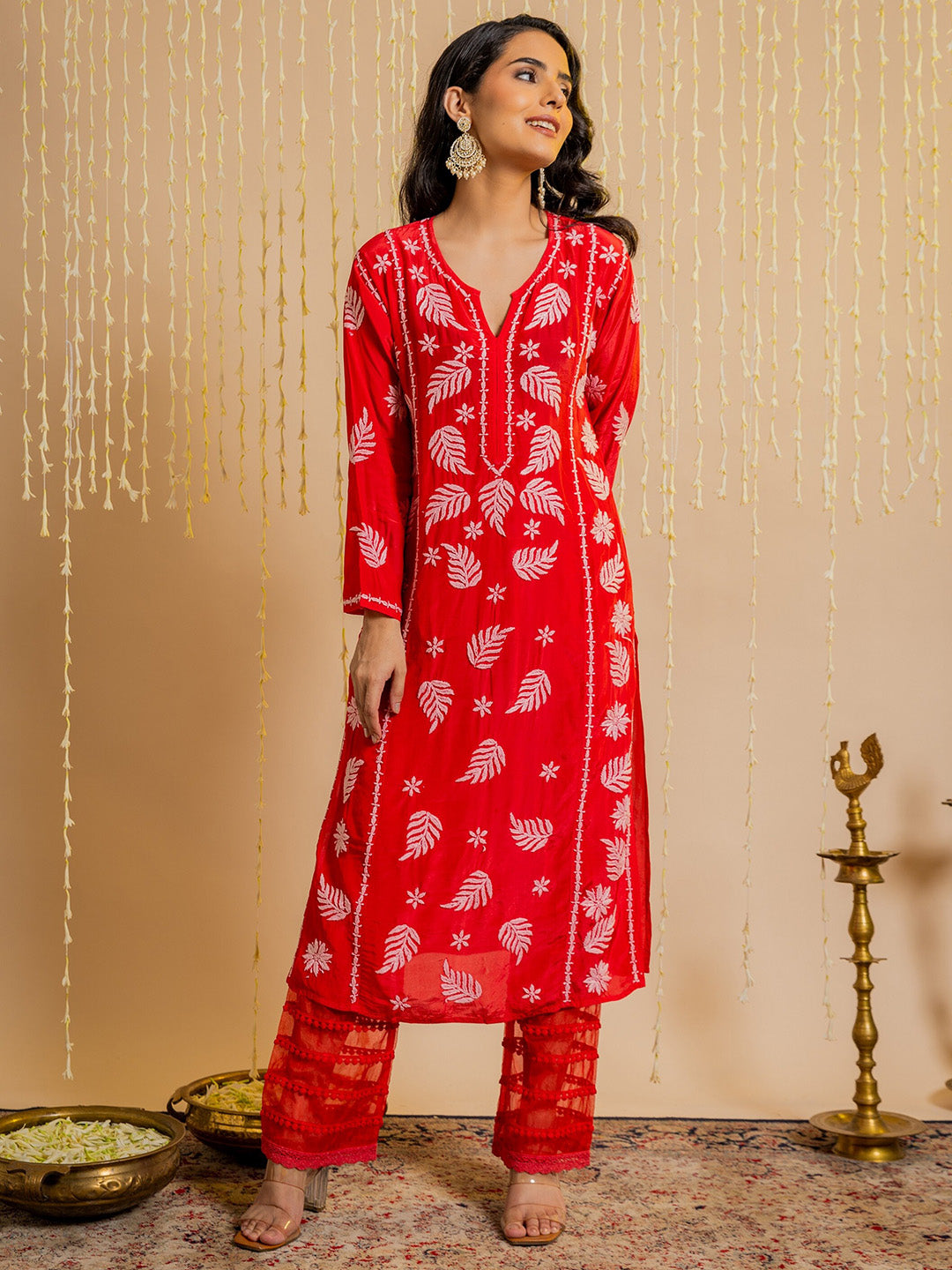 HOUSE OF KARI Ethnic Motifs Chikankari Silk Kurta