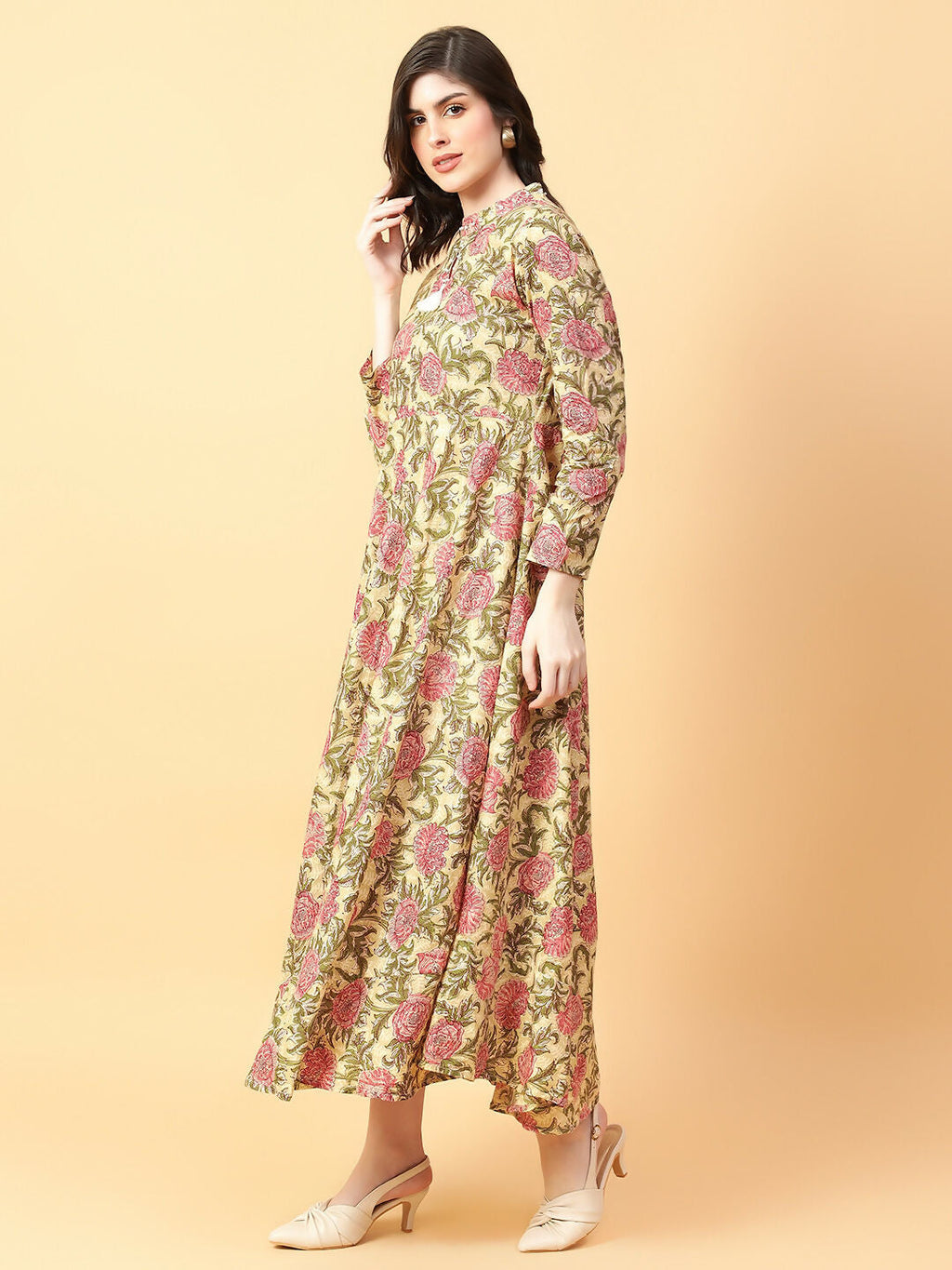 Joban Fashion Beige Cotton Printed & Hand Work Dress