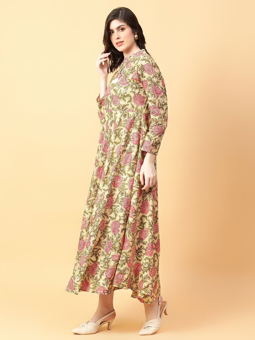 Joban Fashion Beige Cotton Printed & Hand Work Dress