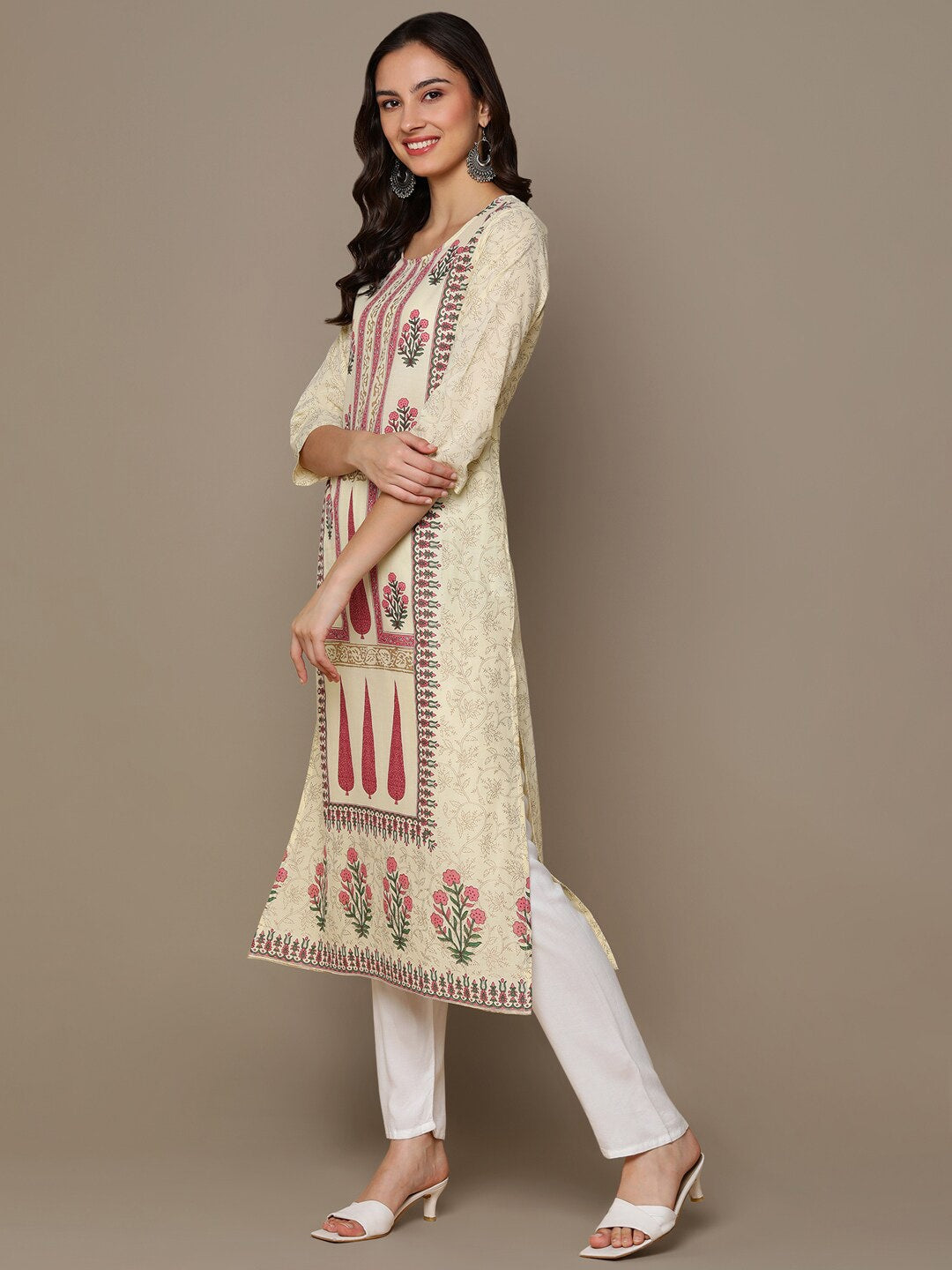 HERE&NOW Cream-Color & Pink Floral Printed Straight Kurta