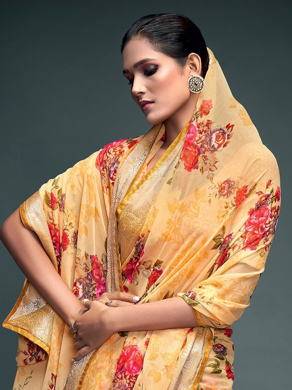 Saree Mall Yellow & Gold-Toned Floral Pure Georgette Banarasi Saree