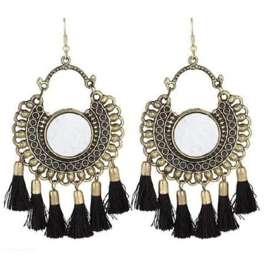 MS Fashion India German Silver Mirror Style Black Color Threads Chandbali Earrings