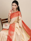 Saree Mall Off White & Red Woven Design Zari Silk Blend Banarasi Saree