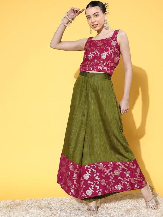 InWeave Women's Pink Brocade Strappy Top W Olive Pink Brocade Palazzo Set