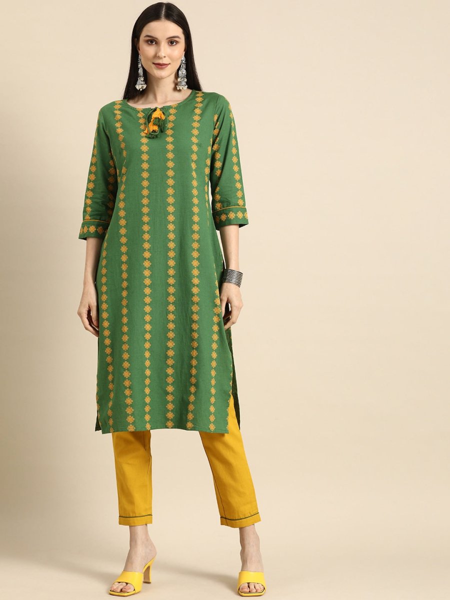All About You Women Green Ethnic Motifs Printed Kurta with Mustard Yellow Trousers