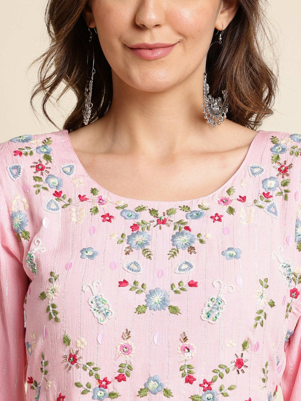 Pink Chinon Floral Embroidered Dress - Nandani
