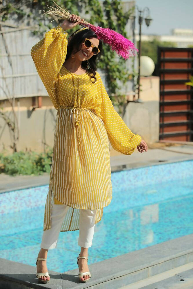 Juniper Women Mustard Georgette Bandhani High-Low Tunic