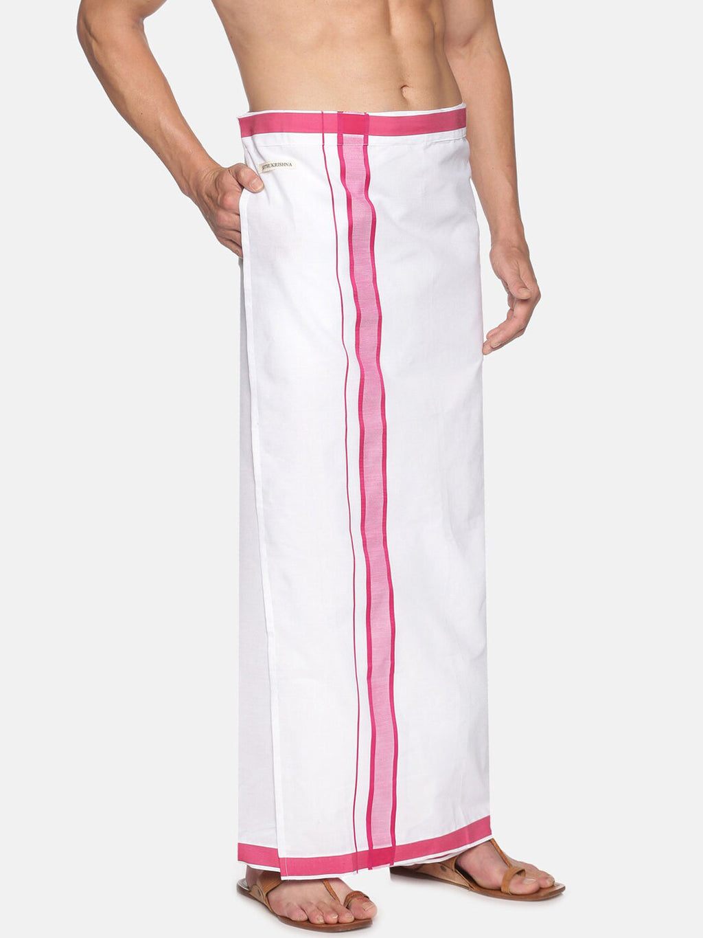 Sethukrishna White & Pink Solid Cotton Dhoti For Men