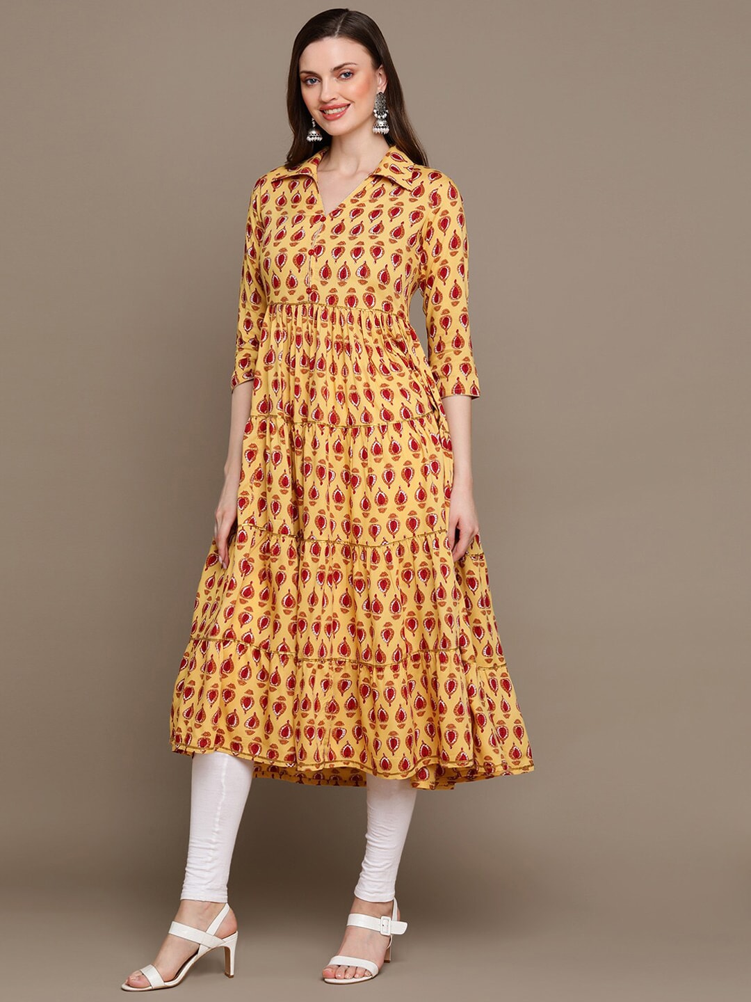 HERE&NOW Ethnic Motifs Printed Shirt Collar Pure Cotton Anarkali Kurta