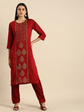 All About You Women Red & Golden Ethnic Motifs Embroidered Kurta Set