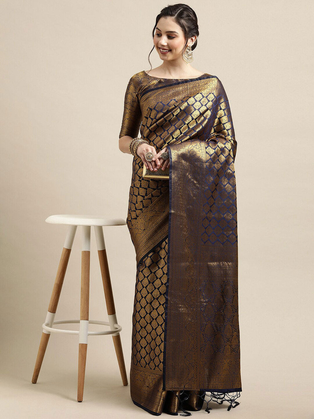 Saree Mall Navy Blue & Gold-Toned Ethnic Motifs Zari Silk Blend Banarasi Saree