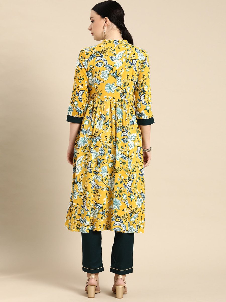All About You Women Yellow Floral Print Regular Kurta with Trousers