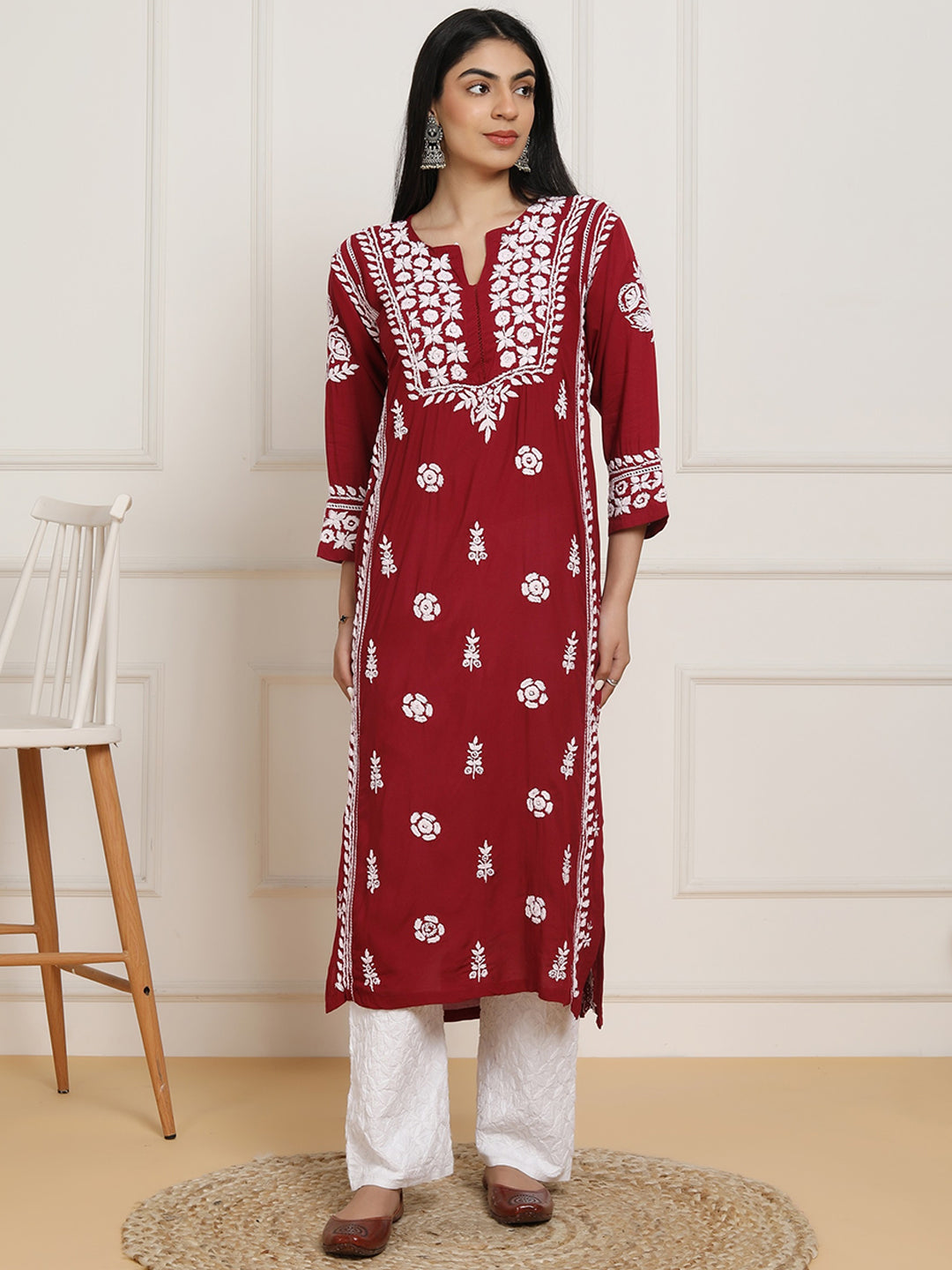 HOUSE OF KARI Floral Embroidered Chikankari Pure Cotton Kurta