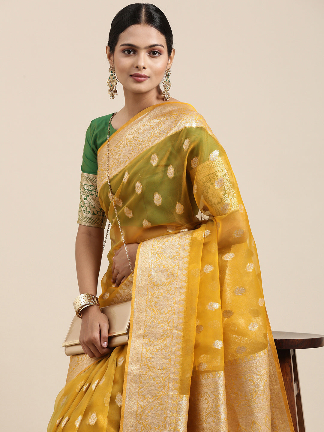 Saree Mall Mustard Ethnic Motifs Zari Organza Banarasi Saree