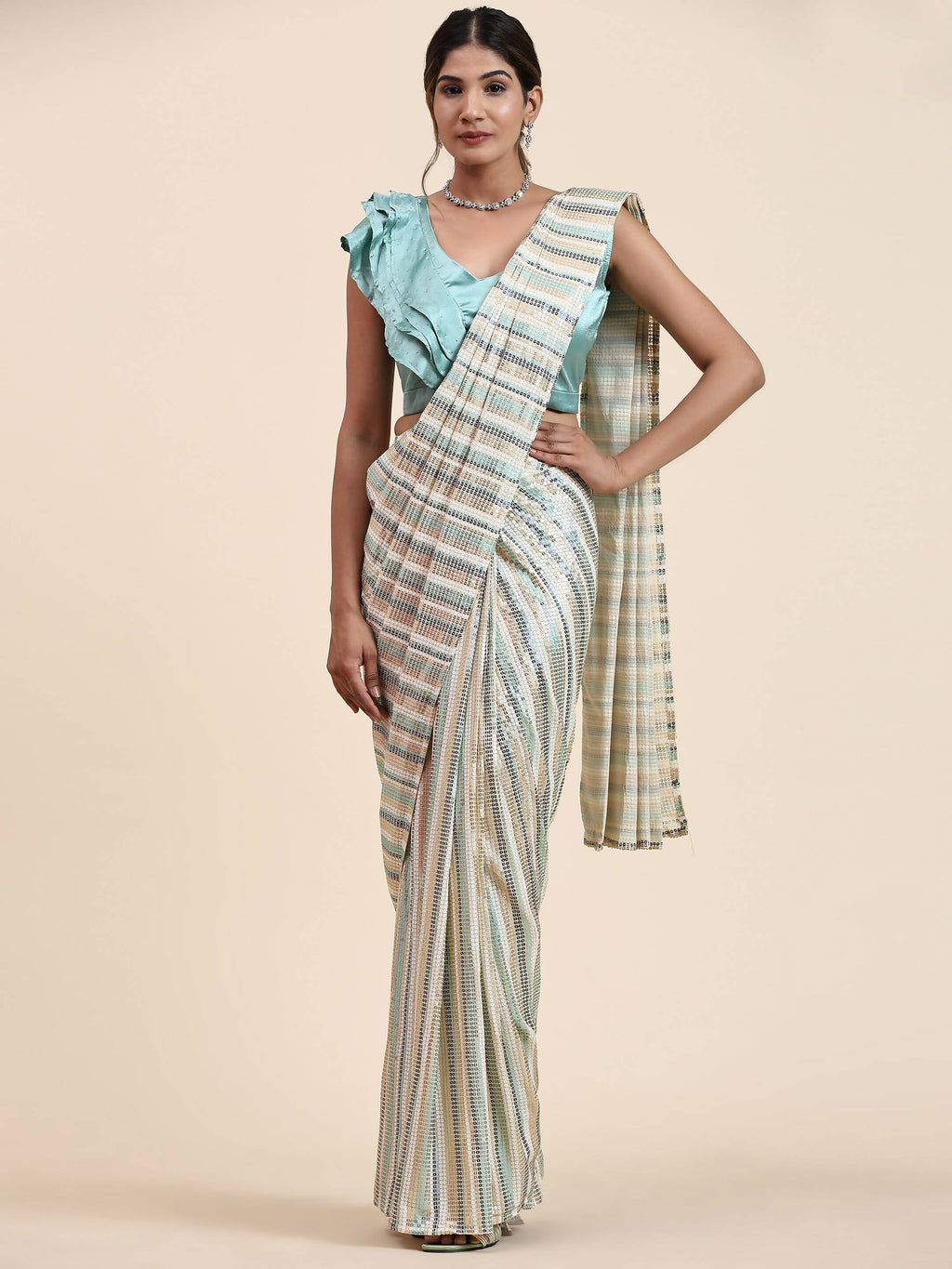 Sky Blue Pure Georgette Sequence work Ready to wear Saree with stitched Blouse - Satiksha