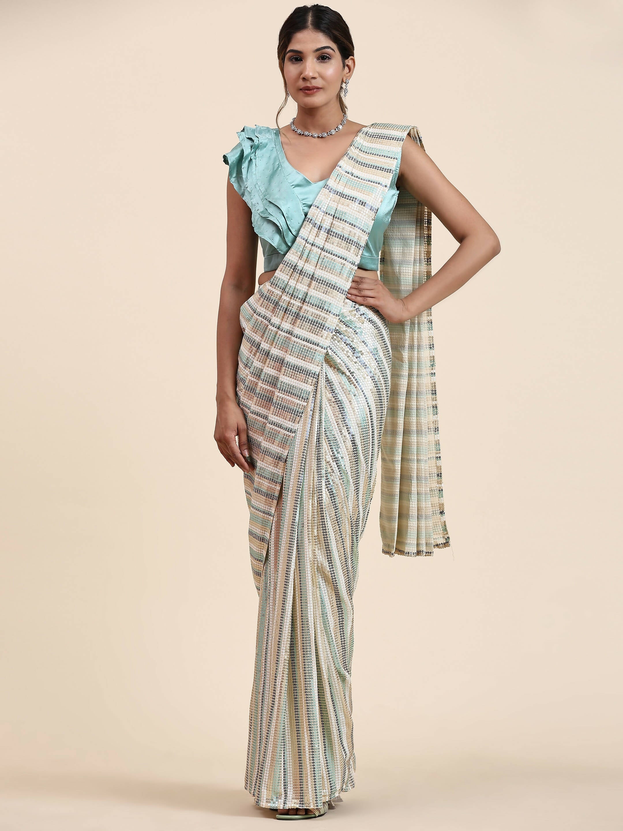 Sky Blue Pure Georgette Sequence work Ready to wear Saree with stitched Blouse - Satiksha