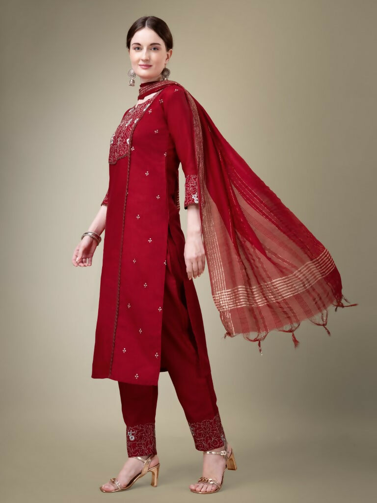 Jyoti Fashion Women's Maroon Cotton Blend Embroidery & Fancy Lace work Kurta with Trouser & Dupatta