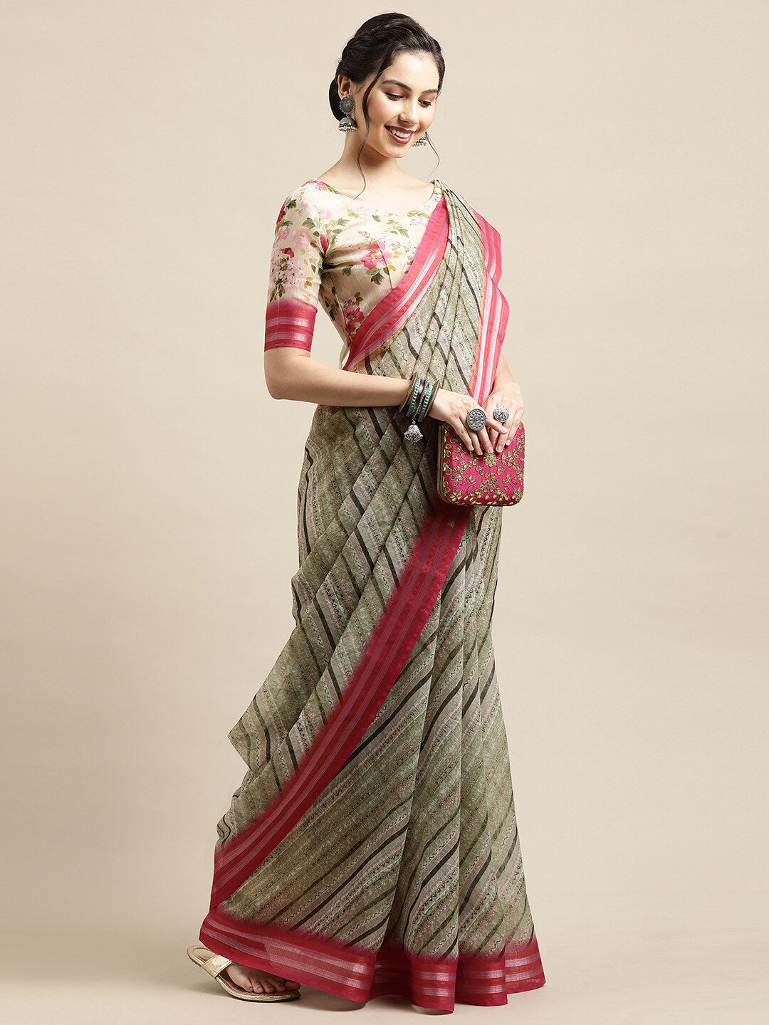 Saree Mall Olive Green & Pink Leheriya Linen Blend Saree