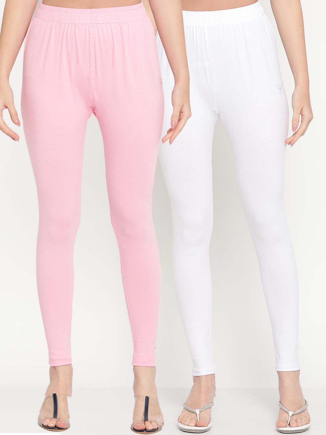 TAG 7 Women Pack Of 2 White & Pink Solid Comfort-Fit Ankle-Length Leggings