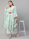 Ahalyaa Women Light Green Rayon Printed Flared Sleeve Kaftan Kurta
