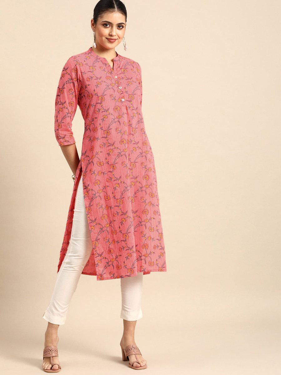 All About You Women Pink & Yellow Floral Printed Kurta