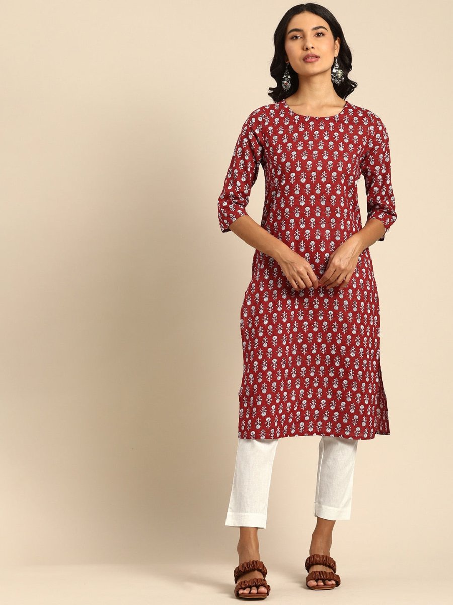 All About You Women Maroon Printed Pure Cotton Kurta with Trousers