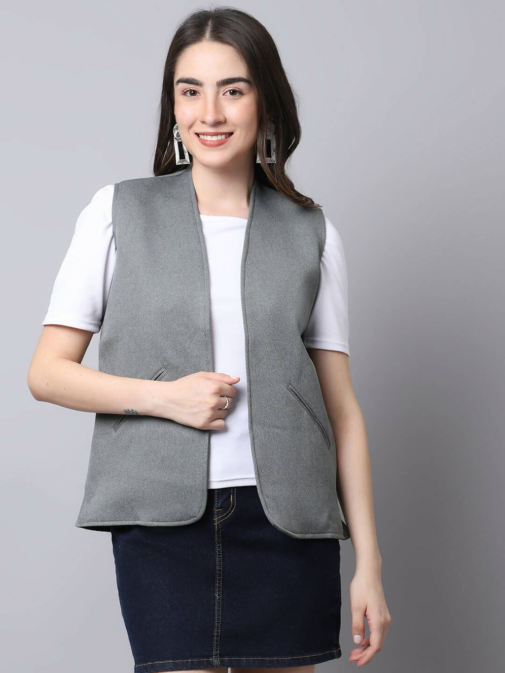 Even Apparels Grey Polyblend Open Front Women's Waistcoat