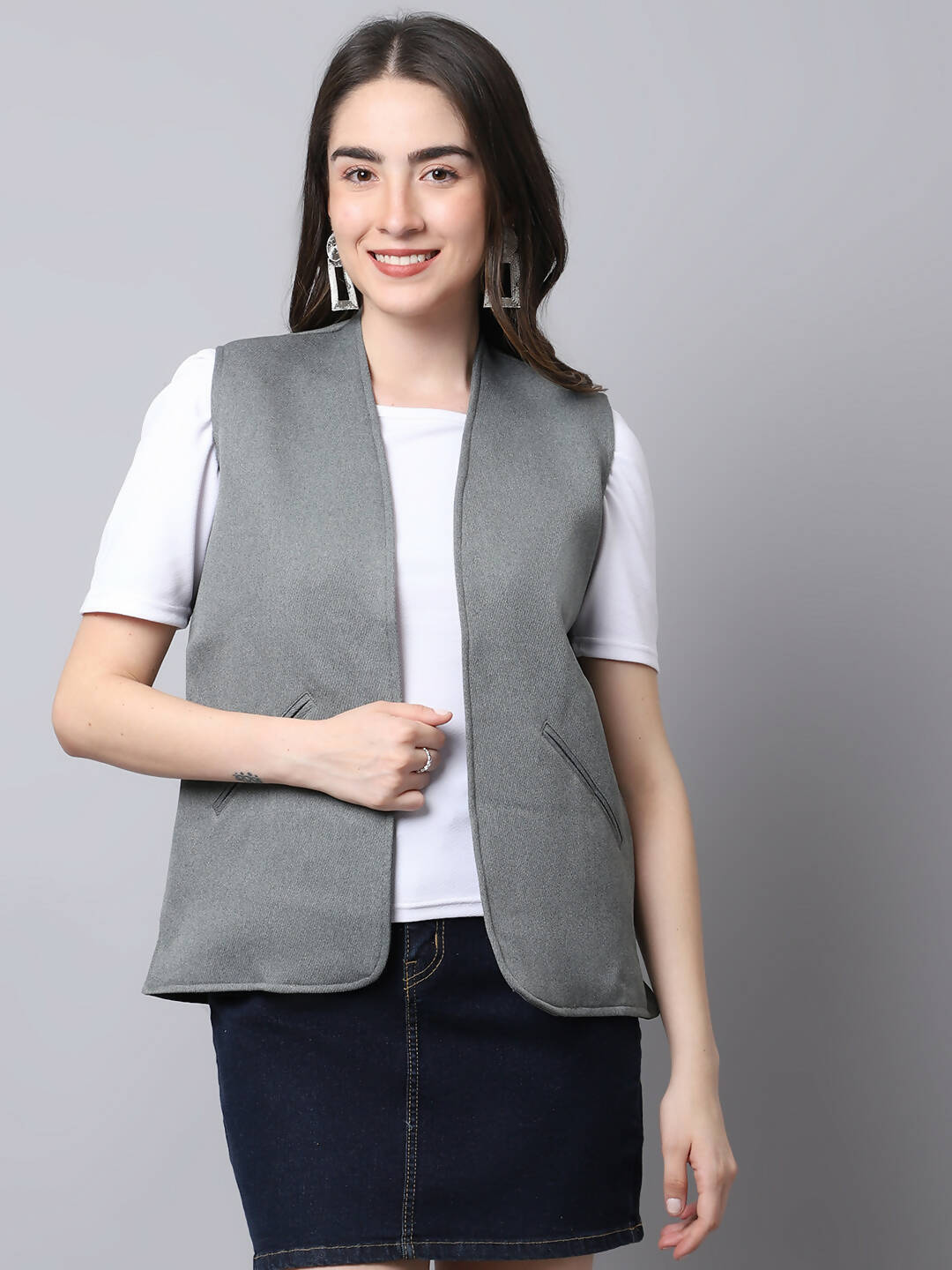 Even Apparels Grey Polyblend Open Front Women's Waistcoat