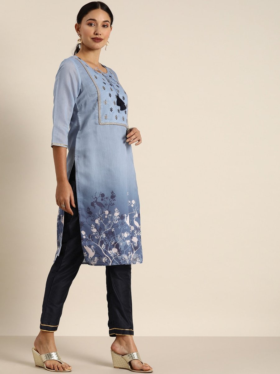 All About You Women Blue Floral Printed Kurta with Trousers