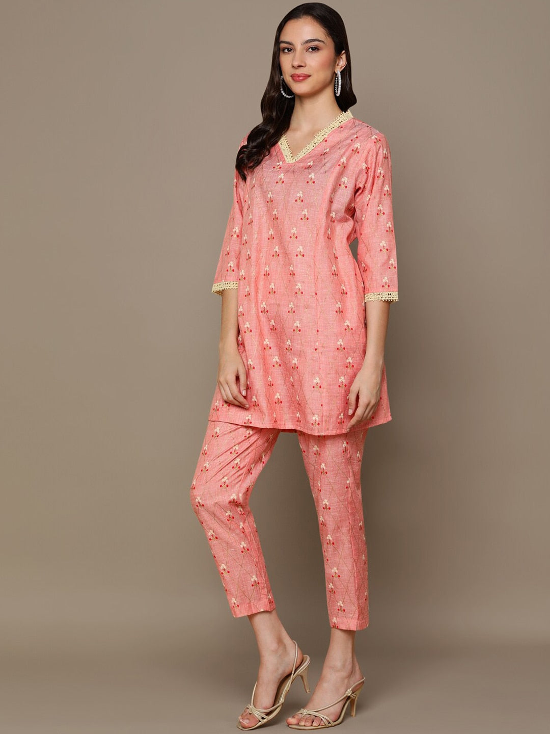 HERE&NOW Orange Floral Printed A-Line Kurta Set