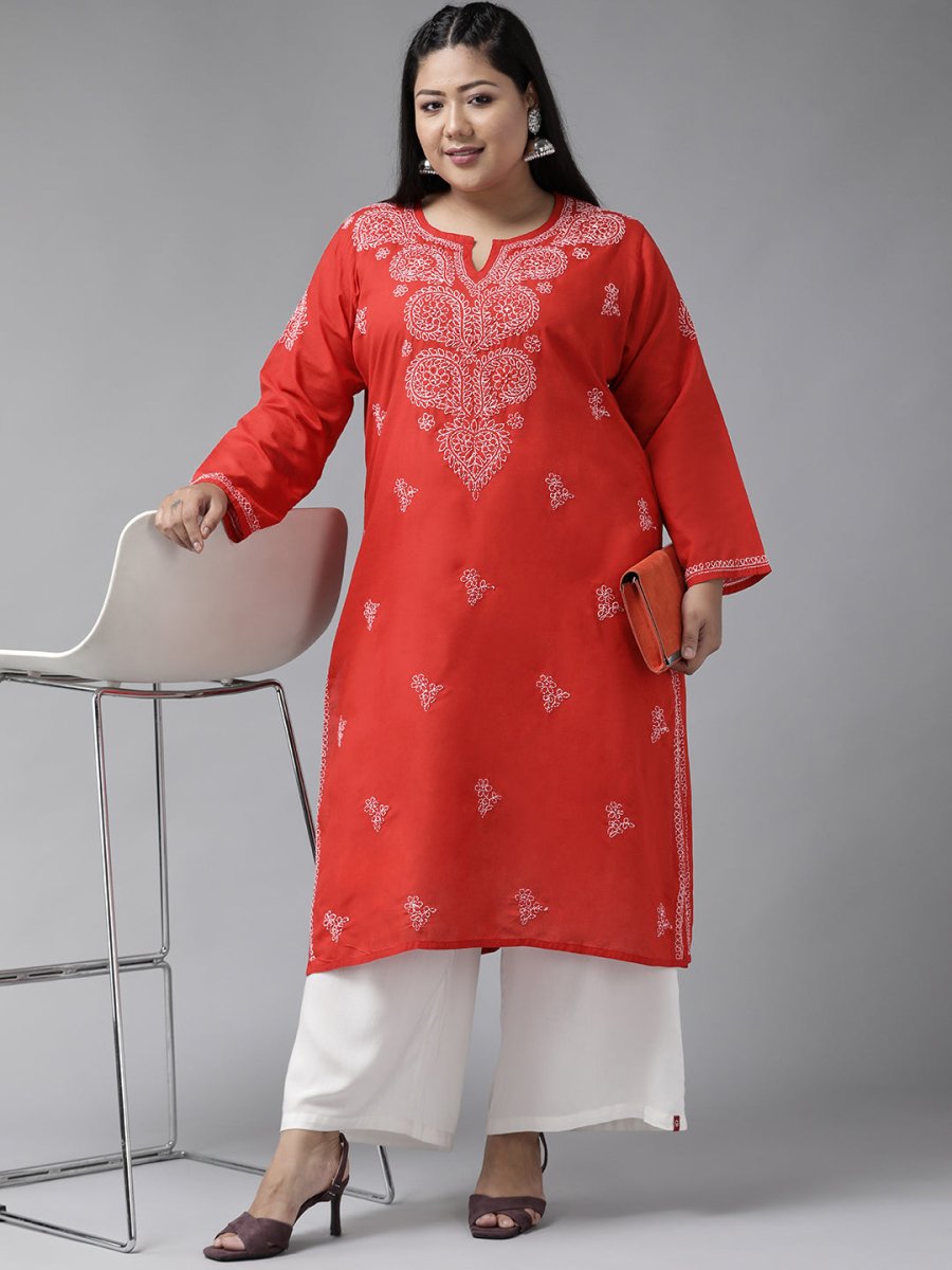 ADA Women Plus Size Red & White Ethnic Motifs Pure Cotton Chikankari Embroidered Kurta