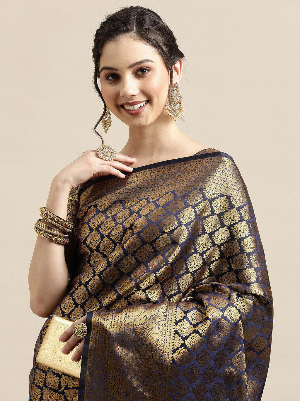 Saree Mall Navy Blue & Gold-Toned Ethnic Motifs Zari Silk Blend Banarasi Saree