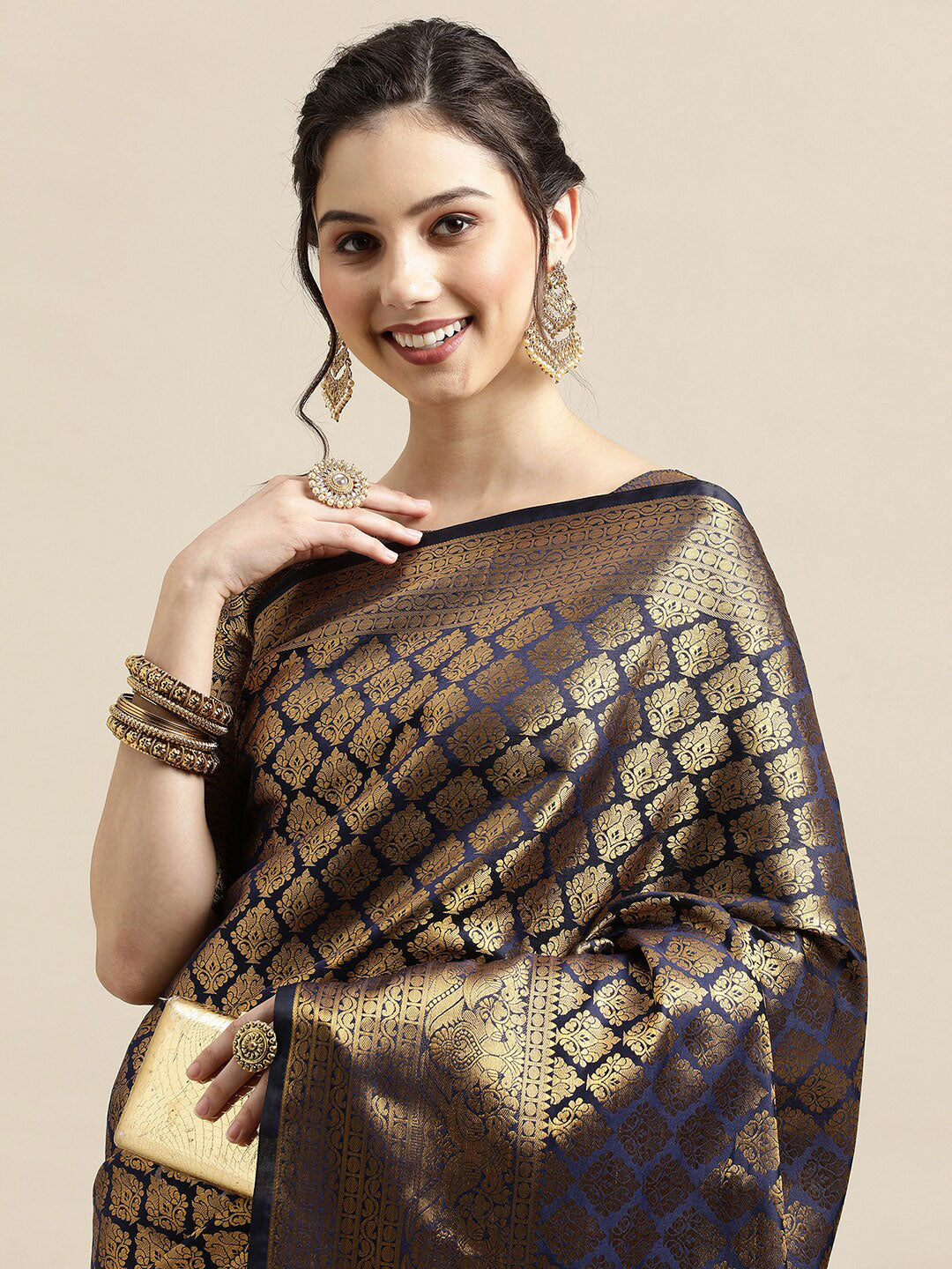 Saree Mall Navy Blue & Gold-Toned Ethnic Motifs Zari Silk Blend Banarasi Saree
