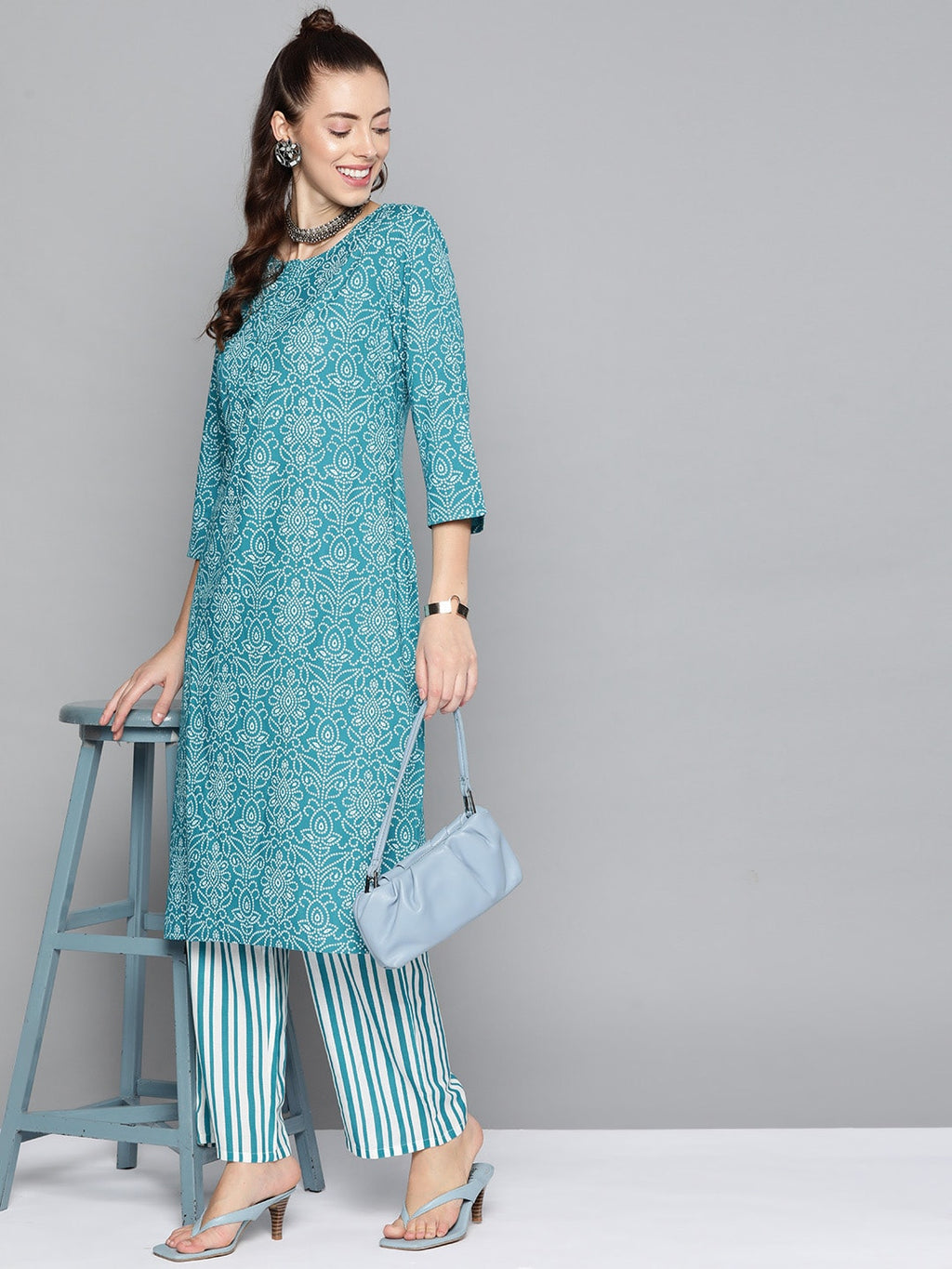 HERE&NOW Women Blue & White Bandhani Print Kurta with Striped Trousers