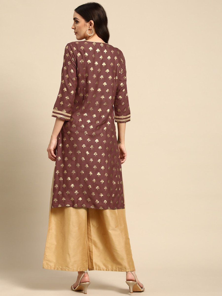 All About You Women Brown & Golden Ethnic Motifs Printed Gotta Patti Kurta