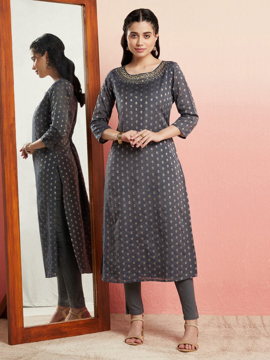 Aks Ethnic Motifs Woven Design Mirror Work Chanderi Silk Kurta